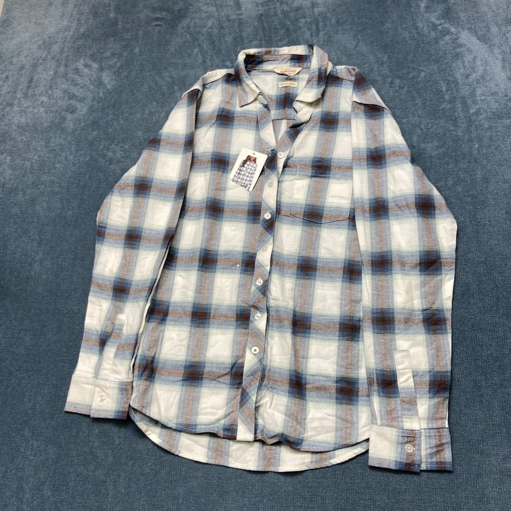 Vintage Weatherproof Shirt Womens Medium Blue White Plaid Flannel Button Up.